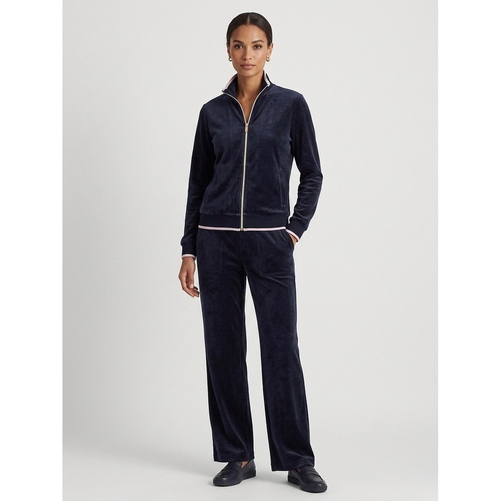 Lauren Ralph Lauren Navy Velour Tracksuit Set Zip Jacket Wide Leg Pants Small
